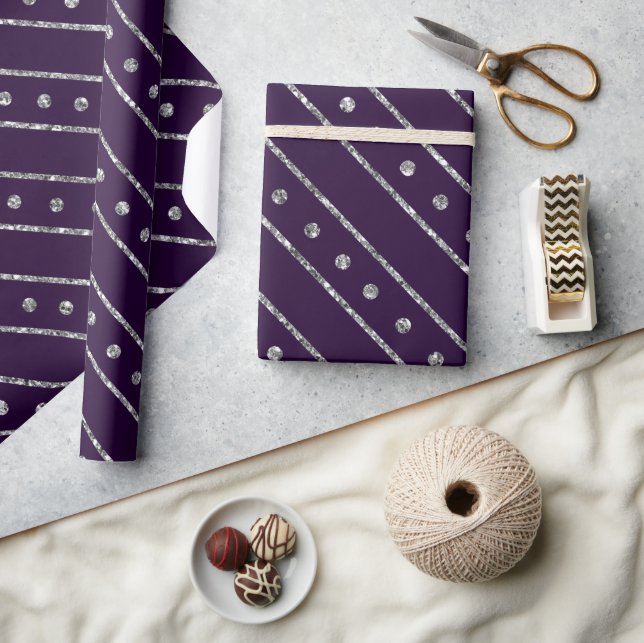 Elegant Purple & Silver Glitter Christmas Stripes  Wrapping Paper (Crafts)