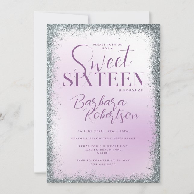 Elegant Purple Silver Glitter Script Sweet Sixteen Invitation (Front)