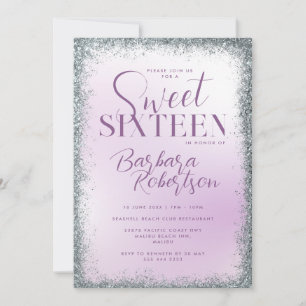 Elegant Purple Silver Glitter Script Sweet Sixteen Invitation