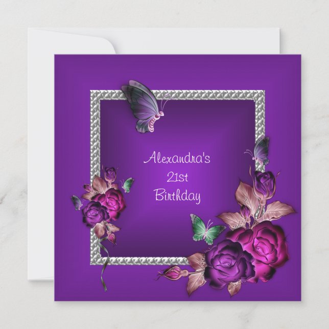 Elegant Purple Silver Jewel Flowers 21st Birthday Invitation (Front)