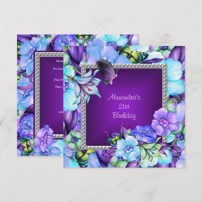 Elegant Purple Silver Jewel Flowers 21st Birthday Invitation (Front/Back)