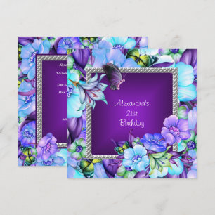 Elegant Purple Silver Jewel Flowers 21st Birthday Invitation
