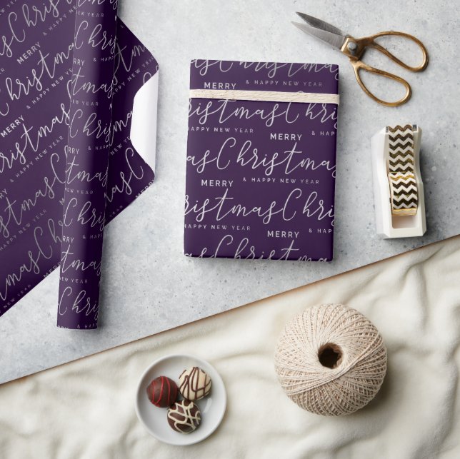 Elegant Purple & Silver Merry Christmas Text Wrapping Paper (Crafts)