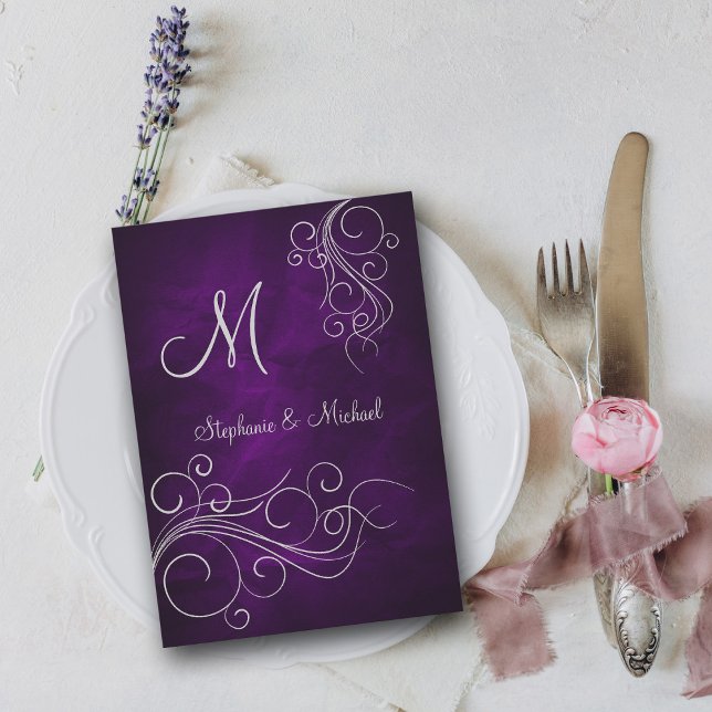 Elegant Purple Silver Monogram Wedding Invitation (Creator Uploaded)