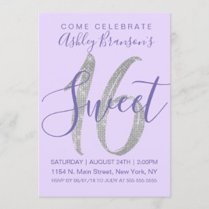 Elegant Purple Silver Sequin Glitter Sweet 16 Invitation