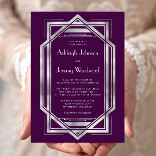 Elegant Purple Silver Vintage 1920s Deco Wedding Invitation