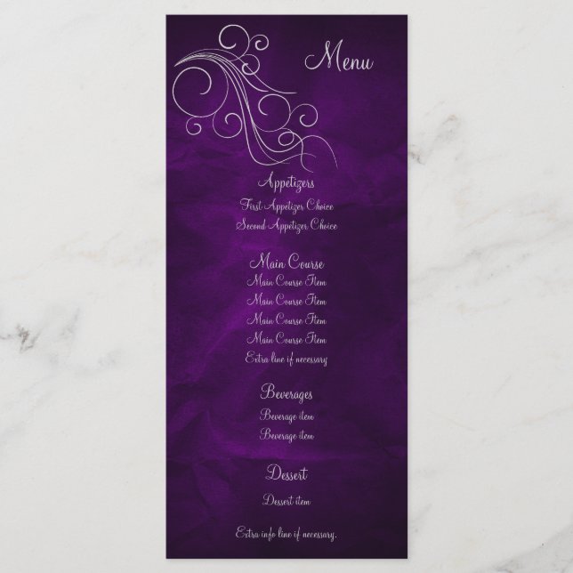 Elegant Purple Silver Wedding Menu Rack Card (Front)