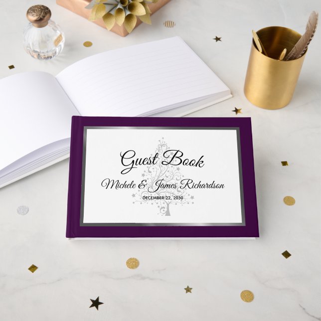 Elegant Purple Silver Winter Holiday Wedding Guest Book (Front Open)