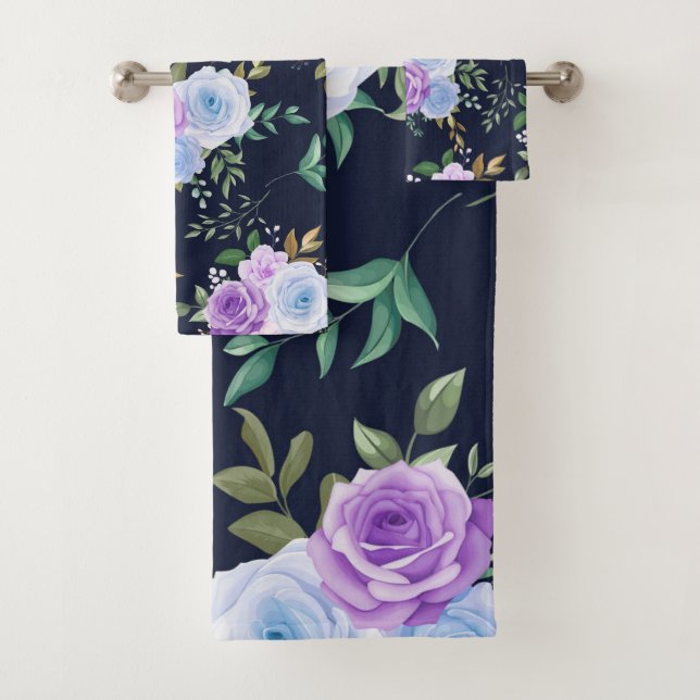 Elegant purple sky blue floral  bath towel set (Insitu)