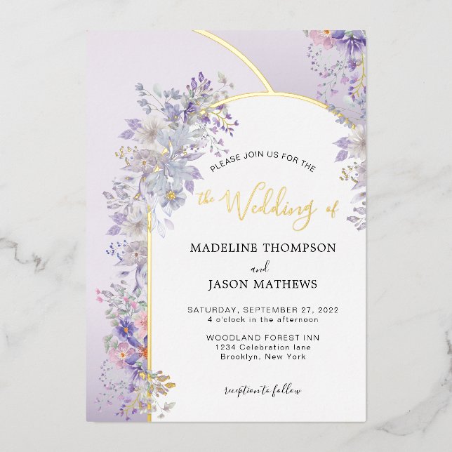 Elegant Purple Smoky Grey Floral Gold Arch Wedding (Front)