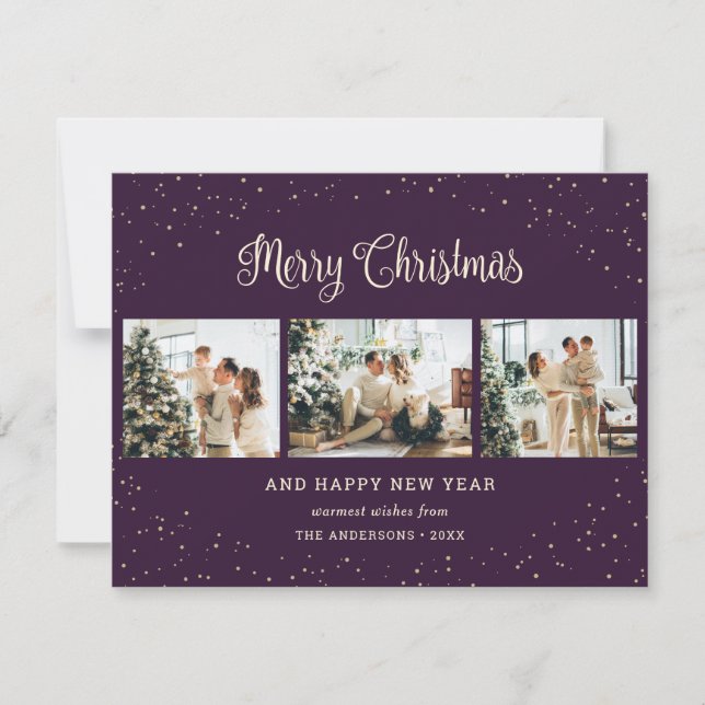 Elegant Purple Snow 3 Photo Merry Christmas Cards (Front)