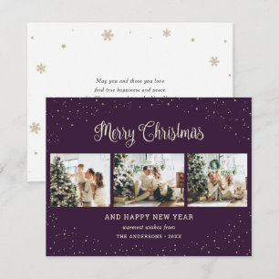 Elegant Purple Snow Photo Collage Christmas Cards
