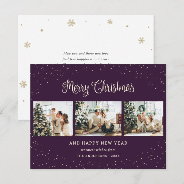 Elegant Purple Snow Photo Collage Christmas Cards (Front/Back)