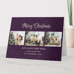 Elegant Purple Snow Photo Collage Christmas Cards