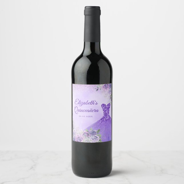Elegant Purple Snowflake Christmas Quinceañera Wine Label (Front)