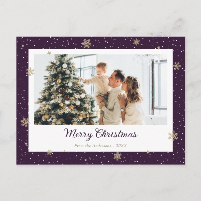 Elegant Purple Snowflake Photo Christmas Holiday Postcard (Front)