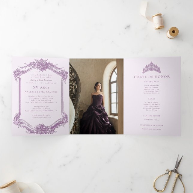 Elegant Purple Spanish Quinceañera 15th Birthday Tri-Fold Invitation (Inside)