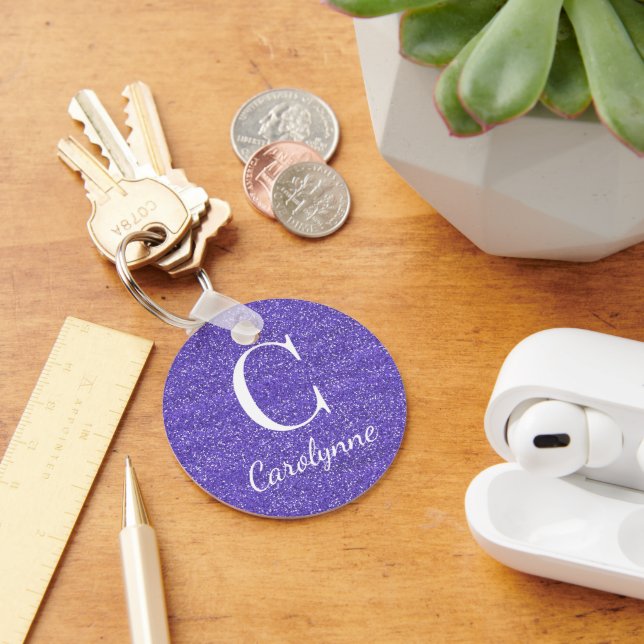Elegant Purple Sparkle Glitter Monogram Key Ring (Desk)