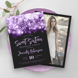 Elegant Purple Sparkle Lights Photo Sweet 16 Invitation