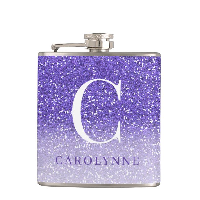 Elegant Purple Sparkle Ombre Glitter Monogram Hip Flask (Front)