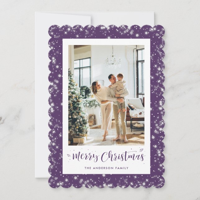 Elegant Purple Sparkly Photo Merry Christmas Card (Front)