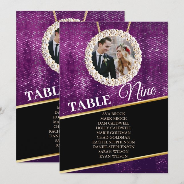 Elegant Purple Sparkly Photo Seating Chart Card (Front/Back)