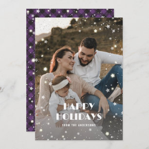 Elegant Purple Starry Buffalo Plaid Photo Holiday Card