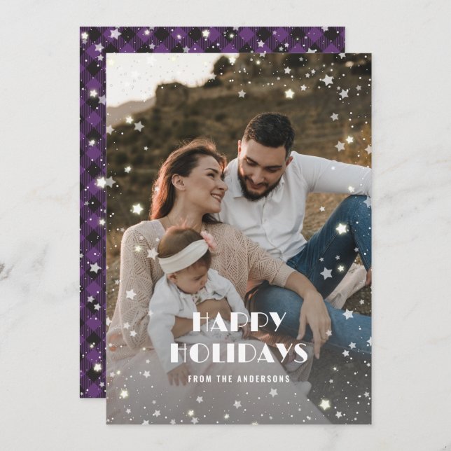 Elegant Purple Starry Buffalo Plaid Photo Holiday Card (Front/Back)
