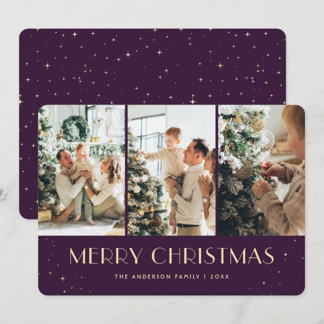 Elegant Purple Starry Night Photo Christmas Card (Front/Back)