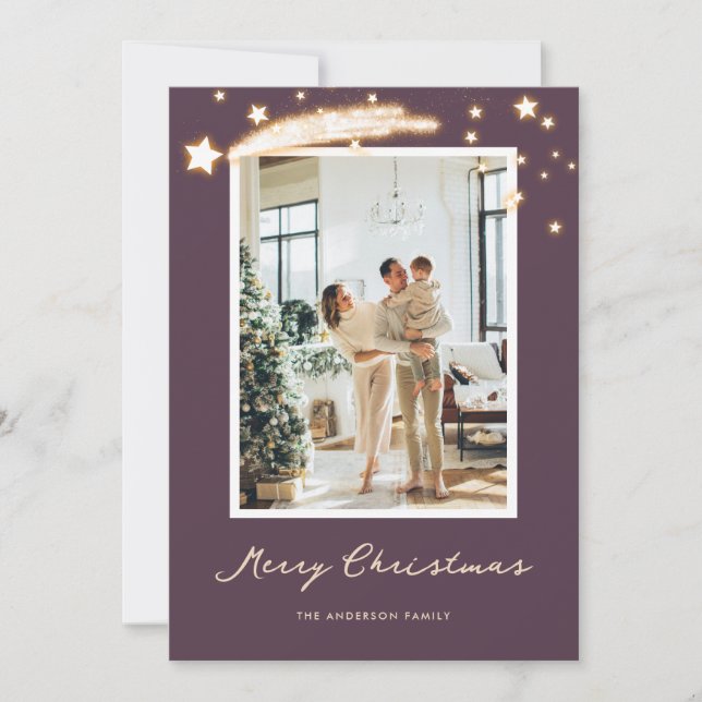 Elegant Purple Starry Photo Christmas Cards (Front)