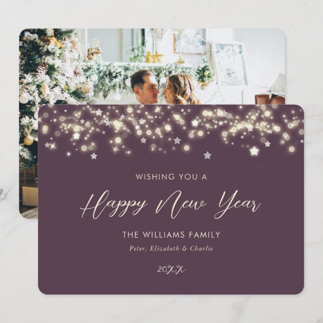 Elegant Purple Stars Photo Happy New Year Card (Front/Back)
