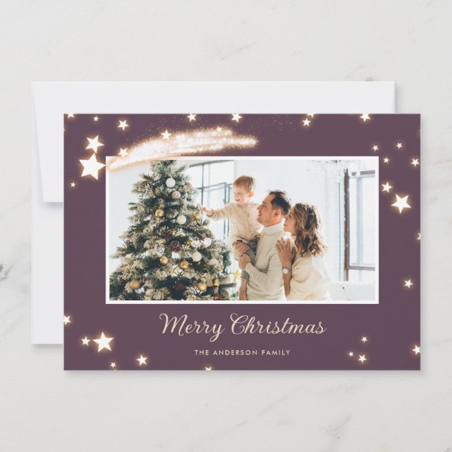 Elegant Purple Stars Photo Merry Christmas Cards (Front)