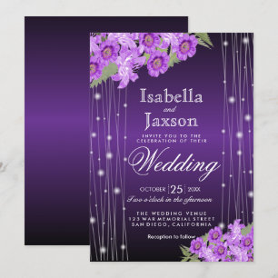 Elegant Purple String Lights Floral Wedding Invitation
