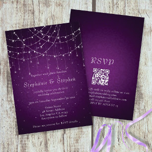 Elegant Purple String Lights QR Code Wedding  Invitation