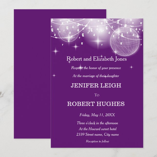 Elegant purple string of light wedding invitation  (Front/Back)
