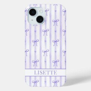 Elegant Purple Striped Coquette Bows Monogrammed iPhone 15 Case