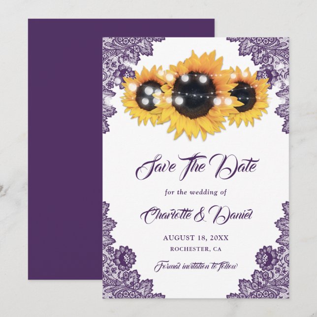 Elegant Purple Sunflower Floral Lace Wedding Save The Date (Front/Back)