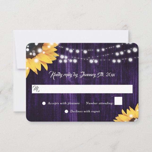 Elegant Purple Sunflower Wood Lace Lights Wedding RSVP Card (Front)