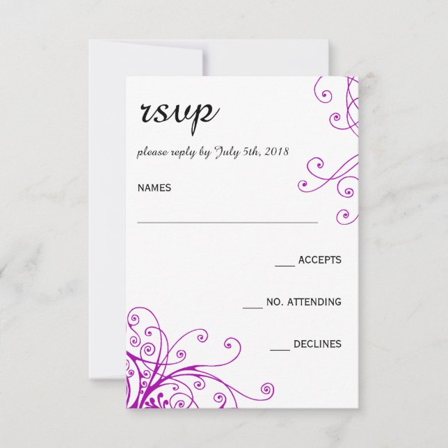 Elegant Purple Swirls Wedding RSVP card (Front)
