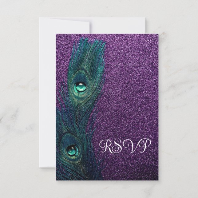 Elegant Purple Teal Blue Peacock Wedding RSVP Invitation (Front)