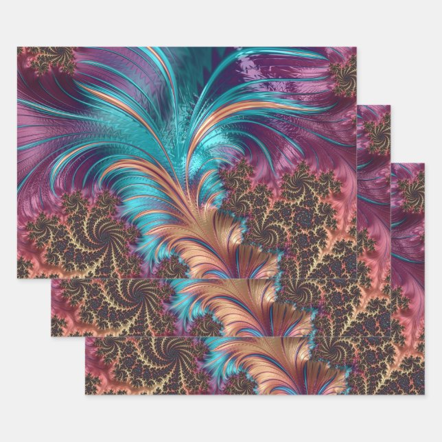 Elegant Purple Teal Feather Fractal  Wrapping Paper Sheet (Set)