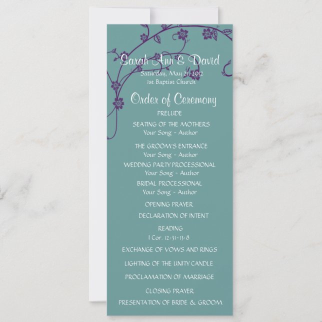 Elegant purple & teal Floral Swirl Wedding Program Invitation (Front)
