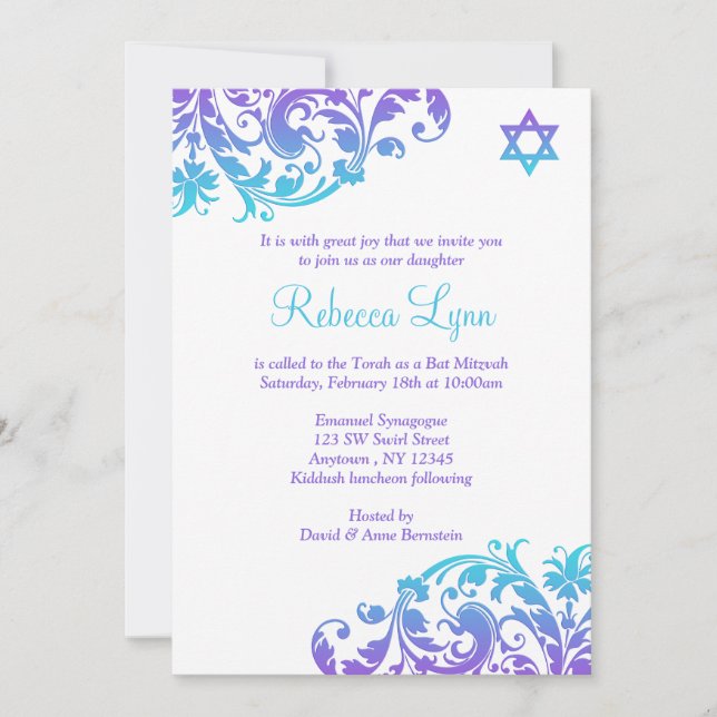 Elegant Purple Teal Flourish Bat Mitzvah Invitation (Front)