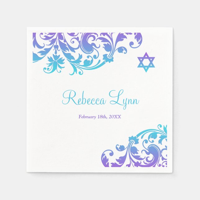 Elegant Purple Teal Flourish Bat Mitzvah Napkin (Front)