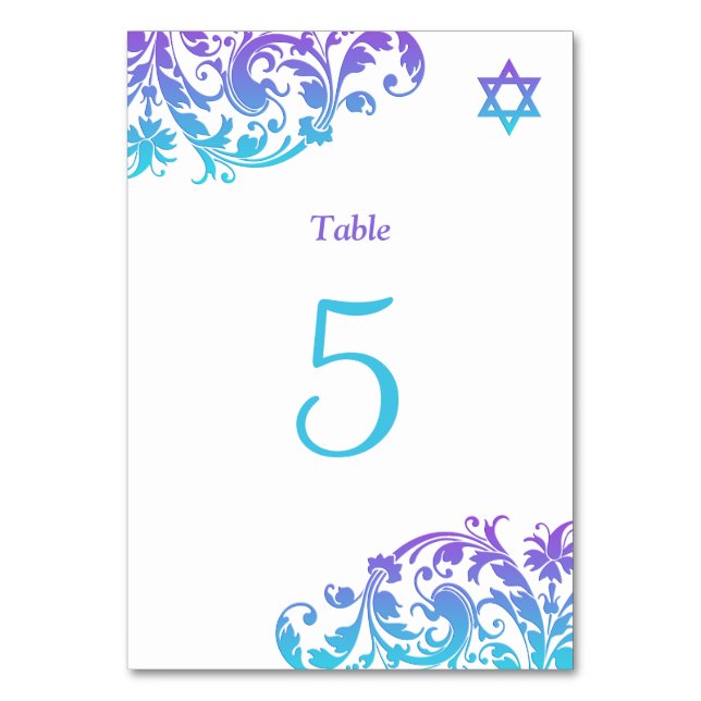 Elegant Purple Teal Flourish Bat Mitzvah Table Number (Front)