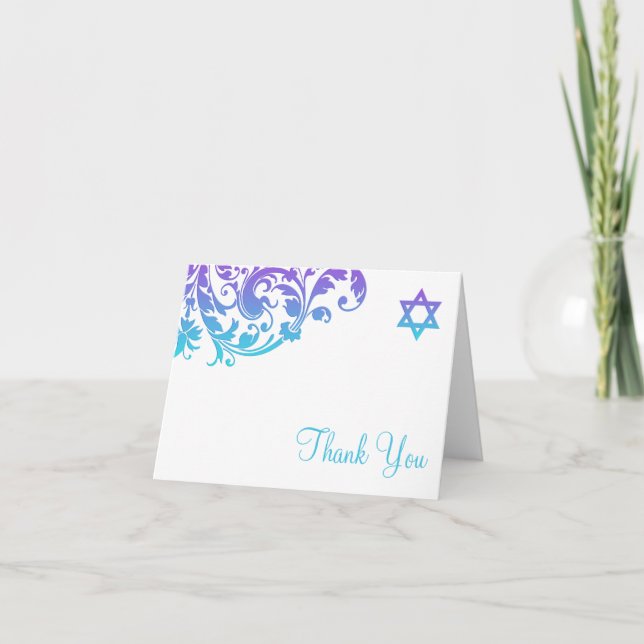 Elegant Purple Teal Flourish Bat Mitzvah Thank You (Front)