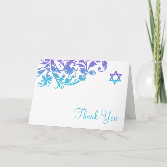 Elegant Purple Teal Flourish Bat Mitzvah Thank You (Front)