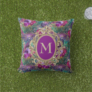 Elegant Purple Teal Peacock Floral Gold Monogram  Cushion