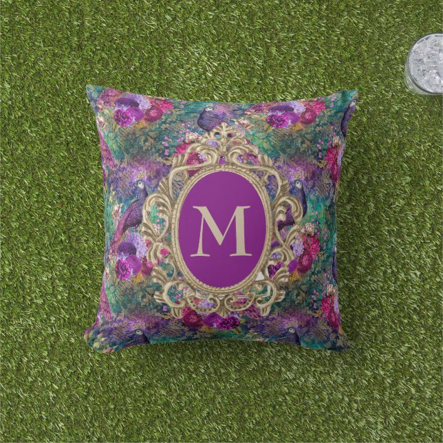 Elegant Purple Teal Peacock Floral Gold Monogram  Cushion (Grass)