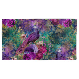 Elegant Purple Teal Peacock Floral Pillowcase